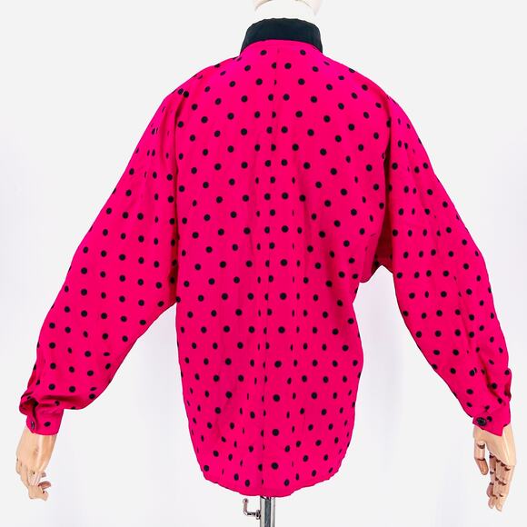 Vintage 80s Chaus Hot Pink Black Polka Dot Oversized Collar Blouse - Picture 3 of 6